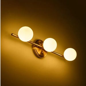 Brass Vanity Light – 3-Light Opal Globe Fixture for Wall or Ceiling | Modern Linear Sconce for Bathroom, Entryway or Hallway