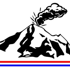 Könnte beinhalten: Ein weißes Banner mit den Worten "VOTE YES" in Schwarz und Grün, über einer Schwarz-Weiß-Illustration eines ausbrechenden Vulkans. Die Worte "MT. BAKER ERUPTION" stehen rechts. Unten befindet sich ein roter und blauer Streifen.