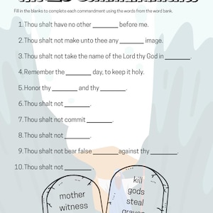 Könnte beinhalten: Ein Arbeitsblatt mit dem Titel "Die 10 Gebote" mit Lückentextfragen. Enthält eine Wortliste mit Begriffen wie "töten", "Götter" und "Nachbar". Das Arbeitsblatt hat einen hellblauen Hintergrund und zwei Steintafeln.