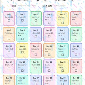 30 Day Bible Reading Challenge for Kids Printable Calendar Christian Devotional Activity for Children Bible Study Chart for Homeschool