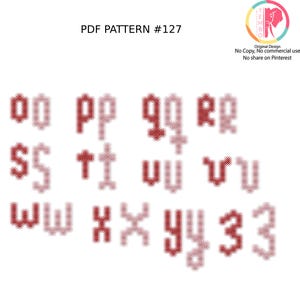 May include: A PDF pattern labelled "PDF PATTERN #127" displaying a red and pink alphabet and numbers. The design includes letters such as "oo", "pp", "qq", "rr", "ss", "tt", "uu", "vv", "ww", "xx", "yy", and numbers "33".