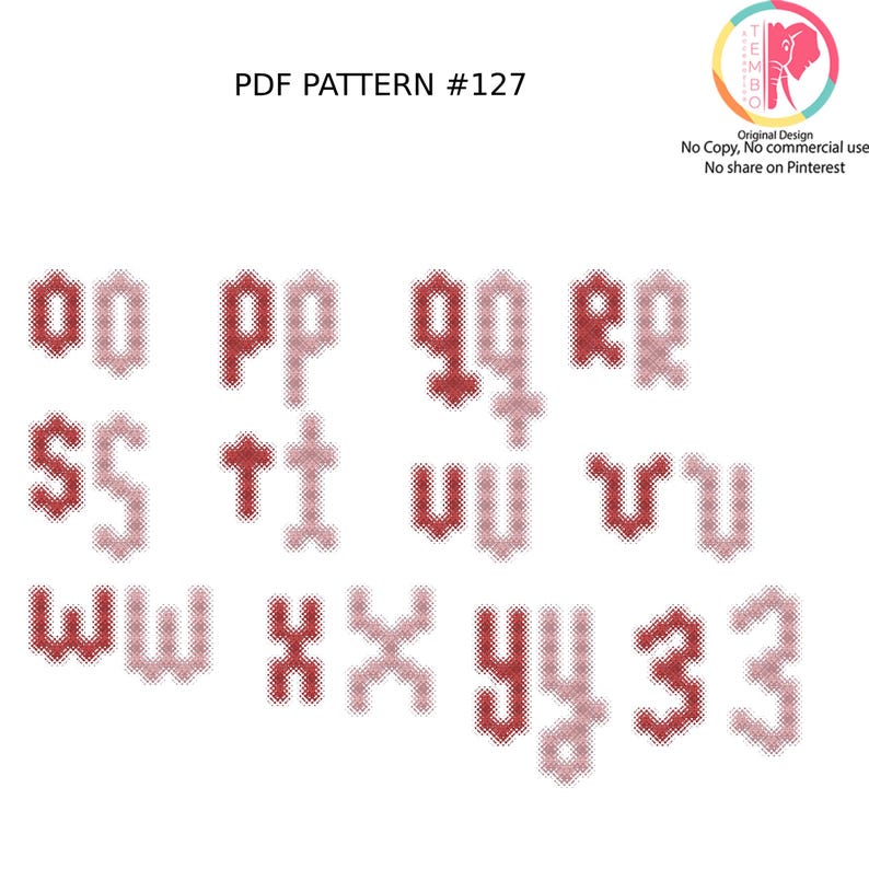 May include: A PDF pattern labelled "PDF PATTERN #127" displaying a red and pink alphabet and numbers. The design includes letters such as "oo", "pp", "qq", "rr", "ss", "tt", "uu", "vv", "ww", "xx", "yy", and numbers "33".