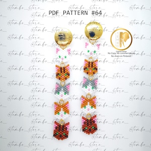 May include: Beaded cat earrings with gold-colored studs. The earrings feature a series of cat faces in various colors, including white, orange, brown, and gray. The text "PDF PATTERN #64" is visible at the top.