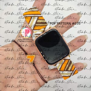 May include: A beaded Apple Watch band and matching bracelet. The watch band features a geometric pattern in orange, white, and brown. The bracelet has a small orange and yellow beaded triangle. The text "PDF PATTERN #035" is visible.