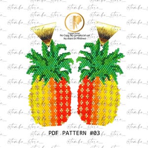 Puede incluir: Pendientes de piña con cuentas y triángulos dorados. Los pendientes presentan hojas verdes y un cuerpo que pasa de amarillo a naranja a rojo. El texto "PDF PATTERN #03" está en la parte inferior.