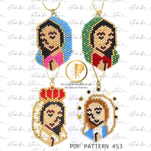 Puede incluir: Cuatro collares con colgantes de cuentas con imágenes religiosas. Los colgantes presentan retratos detallados en varios colores, incluyendo azul, verde, rojo y dorado. Cada colgante cuelga de una cadena dorada. El texto "PDF PATTERN #53" está en la parte inferior.