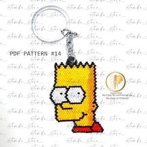 Peut inclure: Un porte-clés en perles jaunes et rouges représentant Bart Simpson. Le porte-clés a un anneau et une chaîne argentés. Le texte "PDF PATTERN #14" est visible. Le design est pixélisé.