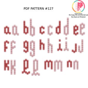 May include: A PDF pattern displaying lowercase letters in a dotted design, with shades of red and pink. The letters are set against a white background. The pattern is labelled "PDF PATTERN #127". The design is an original TEMBO design.