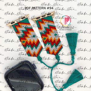 May include: A colorful Apple Watch band with a geometric pattern in red, orange, white, and green. The band has gold-colored connectors and is adorned with teal tassels. The text "PDF PATTERN #94" is visible.