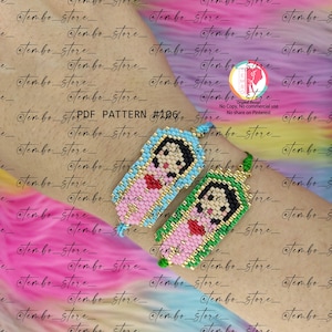 May include: Two beaded pendants, one pink and blue, the other green and pink, each featuring a religious figure. The pendants are attached to green cords. The image includes the text "PDF PATTERN #106".
