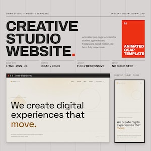 Modello di sito web HTML animato, portfolio di agenzia creativa a pagina singola, animazione di scorrimento GSAP, tema chiaro, codice modificabile tramite IA