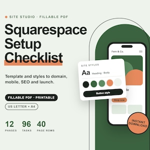 Könnte beinhalten: Eine ausfüllbare PDF-Vorlage für eine Squarespace-Einrichtungs-Checkliste mit dem Text Site Studio, Squarespace Setup Checklist, Template and styles to domain, mobile, SEO and launch, Fillable PDF, Printable, US Letter + A4, 12 phases, 96 tasks, 40 page rows.