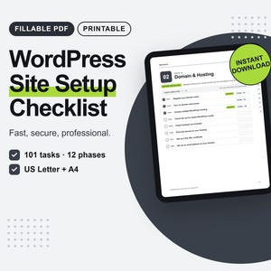 WordPress Site Setup Checklist Printable, Fillable PDF Website Planner for Beginners & Bloggers, 100 Tasks, Security and SEO Guide