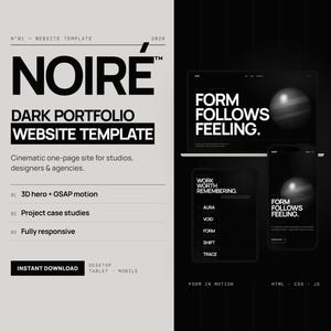 Plantilla web de portafolio HTML CSS JS / Sitio web minimalista oscuro de una página con animación para diseñadores / Desplazamiento suave / Descarga digital