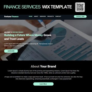 May include: A website template for finance services, with the text "FINANCE SERVICES WIX TEMPLATE." The design uses a dark background with light blue and white text. The website's content includes charts, graphs, and the phrase "Building a Future Where Money Grows and Trust Leads."