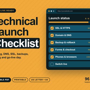 Lancement sans panique | Checklist technique de lancement de site web, planificateur de mise en ligne et outil de suivi des problèmes à remplir pour les concepteurs et développeurs web