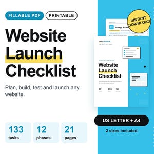 Lista de verificación para el lanzamiento de un sitio web (PDF rellenable), lista de verificación para clientes de diseño web, planificador de sitios web, lista de verificación SEO, sitio web para pequeñas empresas (imprimible)