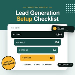 May include: A fillable PDF lead generation setup checklist with a funnel graphic showing stages labeled Attract, Capture, Nurture, and Convert with numerical data. The document includes text for 12 phases, 96 tasks, 40 lead rows, and US Letter + A4 sizing.