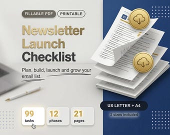 Checklista för lansering av e-postnyhetsbrev Ifyllbar PDF, e-postmarknadsföringsplanerare, nyhetsbrevsplanerare för småföretag, guide till att bygga e-postlistor