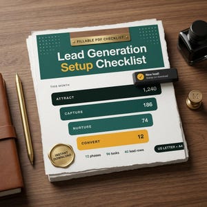 May include: A Lead Generation Setup Checklist fillable PDF document featuring sections for Attract, Capture, Nurture, and Convert with numerical data. The page includes a gold wax seal graphic, a black notification bar, and text indicating 12 phases, 96 tasks, and 40 lead rows.