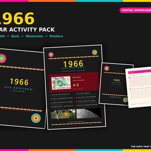May include: A 1966 year activity pack digital download featuring a booklet, quiz, memories, and posters. The black documents display colorful circular accents, horizontal striped borders, and text including 1966 Mod Britannia and The Days That Made Us.