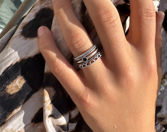 Multi Layer Adjustable Ring with Black Stone | 925 Sterling Silver Statement Ring | Unique Gift for Her | Birthday Jewelry