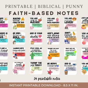 May include: A printable sheet featuring 24 faith-based notes with punny phrases and colorful illustrations. Each note has a unique design and message, such as "You are loved!" and "God is your shield."