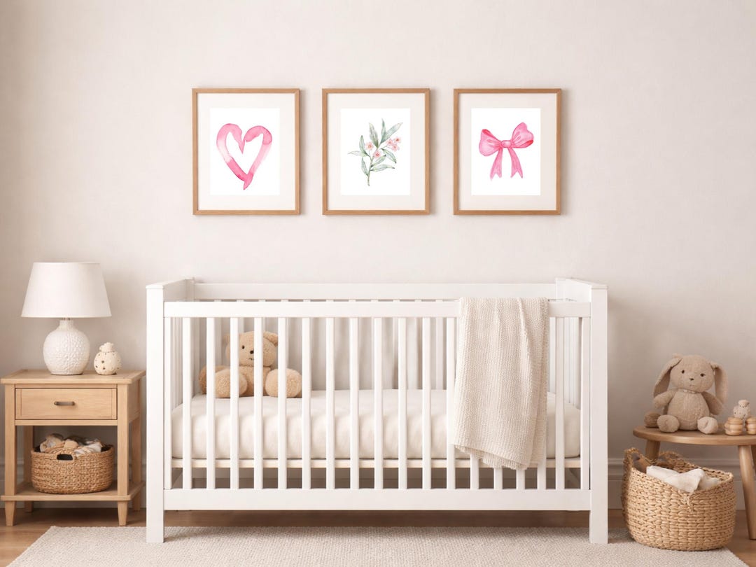 Pink Bow & Floral Nursery Wall Art Set of 3 | Watercolor Girly Prints ...