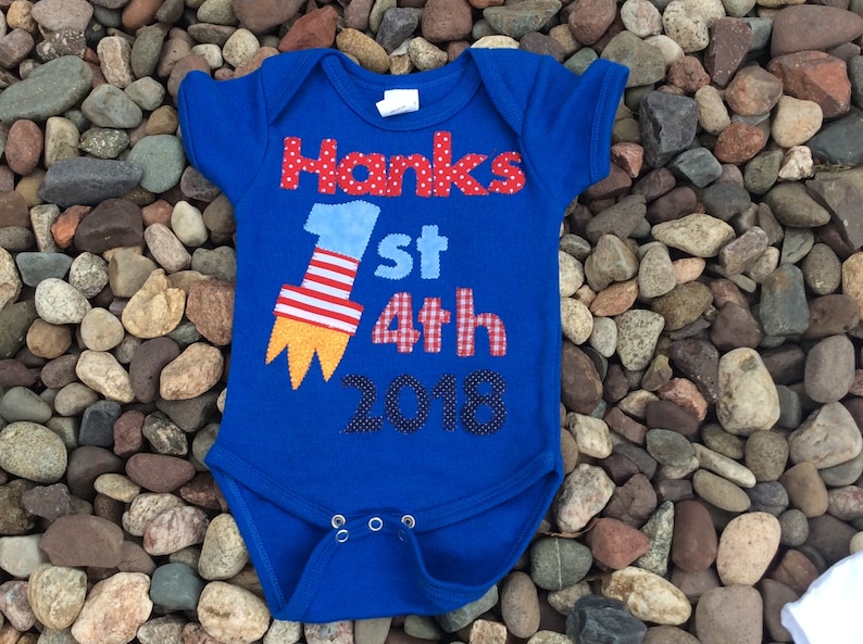 Red Personalized 1st 4th of July Bodysuit Girls or Boys Royal Or White First July Fourth Firecracker