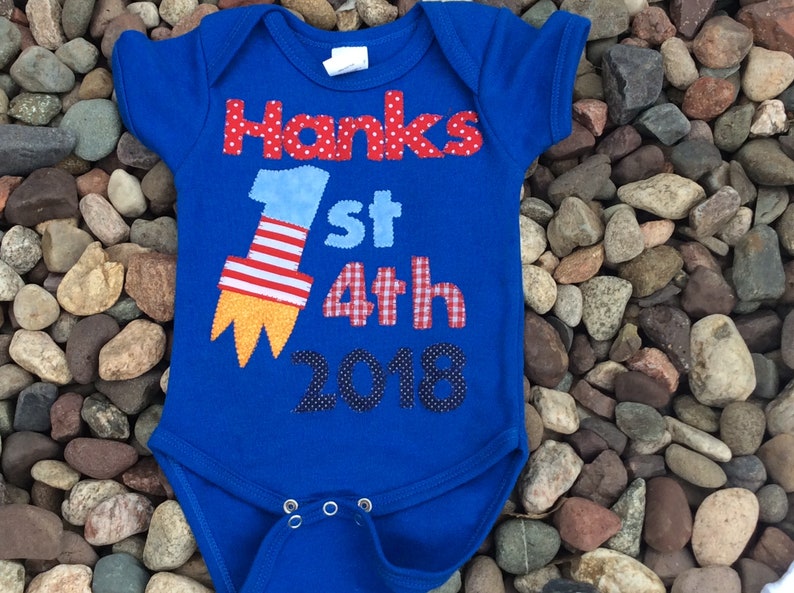 Red Personalized 1st 4th of July Bodysuit Girls or Boys Royal Or White First July Fourth Firecracker