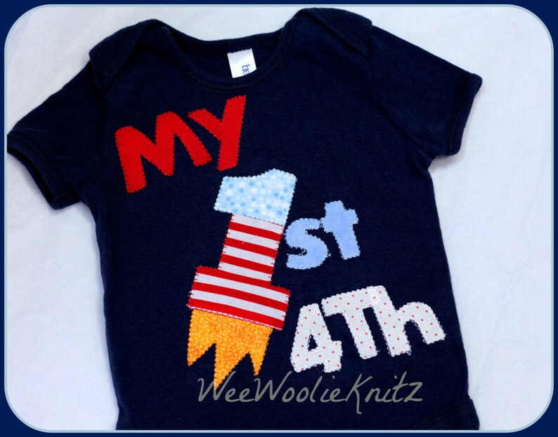 Red Personalized 1st 4th of July Bodysuit Girls or Boys Royal Or White First July Fourth Firecracker