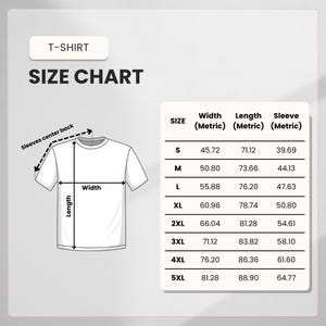 May include: A white t-shirt size chart with measurements in centimeters. The chart includes sizes S to 5XL, with width, length, and sleeve measurements. The text "T-SHIRT" and "SIZE CHART" are at the top.