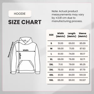 Może przedstawiać: Tabela rozmiar&oacute;w bluzy z kapturem, z wymiarami w centymetrach. Tabela zawiera rozmiary od S do 5XL, szczeg&oacute;łowo opisując wymiary szerokości, długości i rękawa. Obraz zawiera r&oacute;wnież schemat bluzy z kapturem z wymiarami.
