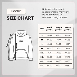 May include: A size chart for a hoodie, with measurements in centimeters. The chart includes sizes S through 5XL, detailing width, length, and sleeve measurements. The image also shows a diagram of a hoodie with labeled dimensions.