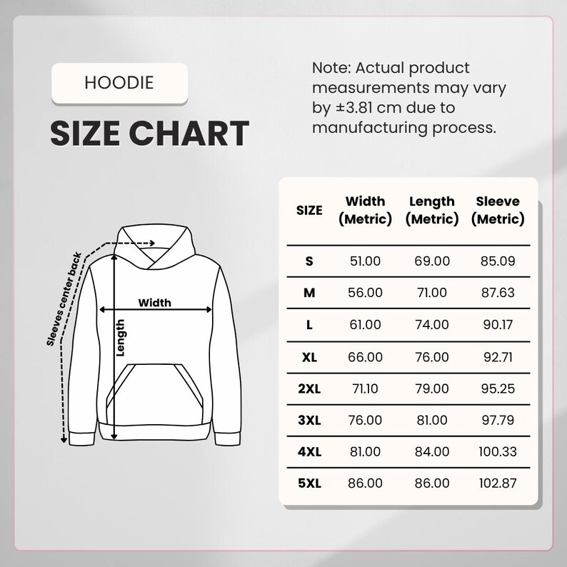 May include: A size chart for a hoodie, with measurements in centimeters. The chart includes sizes S through 5XL, detailing width, length, and sleeve measurements. The image also shows a diagram of a hoodie with labeled dimensions.