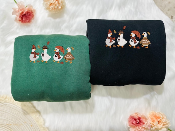 Embroidery Cozy Ducks Shirt, Autumn Duck Sweatshirt, Fall Coffee T-shirt, Cute Embroidered Shirt, Autumn Outfit, Fall Animal Gift