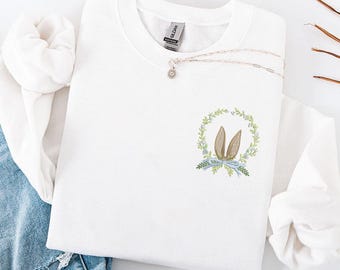 Embroidered bunny ear wreath sweatshirt, floral wreath with bow t-shirt, vintage Easter bunny hoodie, cottagecore spring embroidery