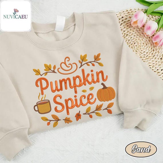 Embroidery Pumpkin Spice Shirt, Fall Coffee Pumpkin Embroidered Leaves Design, Autumn Cozy T-shirt, Thanksgiving Season Sweatshirt Gift