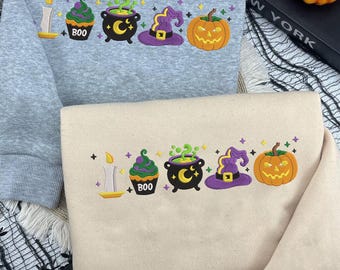 Embroidered Halloween Symbols Shirt, Pumpkin Witch Hat Sweatshirt, Magic Potion T-Shirt, Spooky Season Gift Idea, Fall Fashion