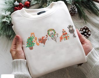 Embroidered Christmas Cat Sweatshirt, Funny Winter Embroidery Sweater, Unisex Christmas Shirt Gift Idea Animal Motif