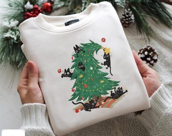 Broderad kattjulgranströja T-shirt S-5XL, unisex bomullsvintertröja, rolig kattbroderi