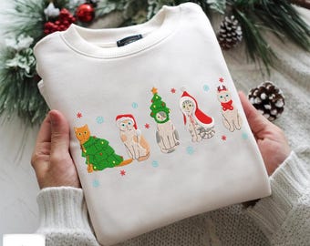 Embroidered Christmas Cat Sweatshirt, Funny Cat Tree Embroidery Pullover, Unisex Christmas Shirt Gift Idea Winter Outfit