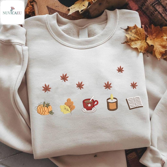 Embroidered Autumn Cozy Vibes Shirt, Fall Aesthetic Sweatshirt, Pumpkin Spice T-shirt, Autumn Leaves Embroidery, Cozy Fall Outfit