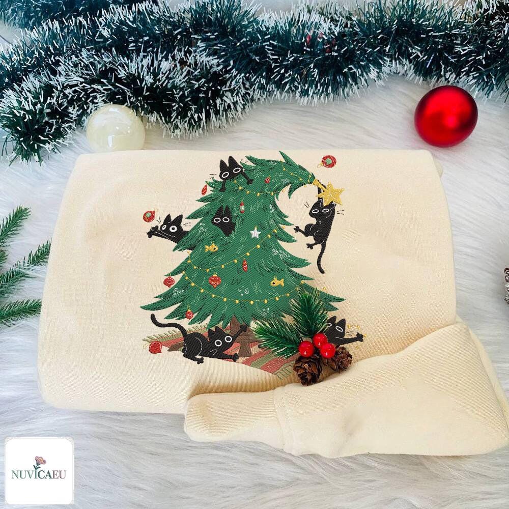 Sweat De Noël Sapin Et Chat – Pull Col Rond, Unisexe, Fabriqué UK
