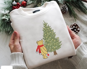 Embroidered Bear with Christmas Tree Shirt, Winter T-Shirt, Unisex Sweatshirt, Christmas Embroidery Sweater, Festive Clothing Gift