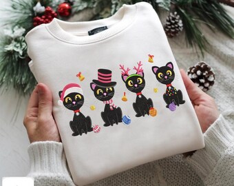 Embroidered Black Cat Christmas Sweatshirt, Funny Winter Embroidery Pullover, Unisex Christmas Shirt Gift Idea
