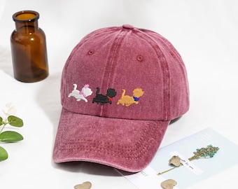 Embroidered Running Cats Cartoon Baseball Cap, Vintage Three Cats Motif Washed Dad Hat, Retro Cute Animal Embroidery Low Profile Cap