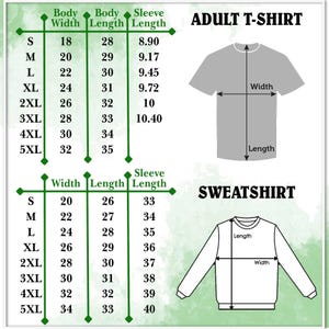 以下が含まれることがあります： 大人用Tシャツとスウェットシャツのサイズチャートを示す図。Tシャツのチャートには、体の幅、長さ、袖の長さのインチ単位の測定値が含まれています。スウェットシャツのチャートにも、幅、長さ、袖の長さのインチ単位の測定値が含まれています。