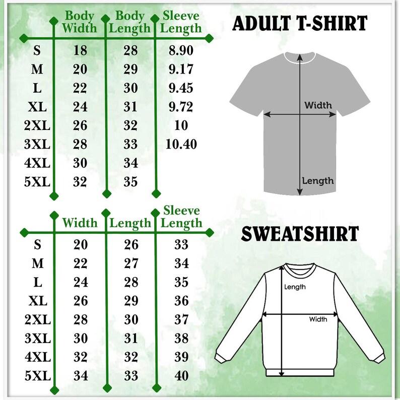 以下が含まれることがあります： 大人用Tシャツとスウェットシャツのサイズチャートを示す図。Tシャツのチャートには、体の幅、長さ、袖の長さのインチ単位の測定値が含まれています。スウェットシャツのチャートにも、幅、長さ、袖の長さのインチ単位の測定値が含まれています。