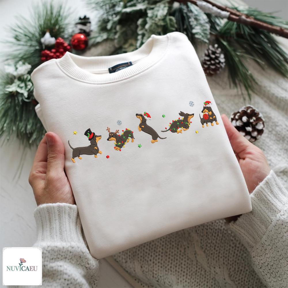 Weihnachtspullover Mit 5 Dackeln & Lichterkette – Lustiges Design, Weicher Stoff (Größen S–XXXL)